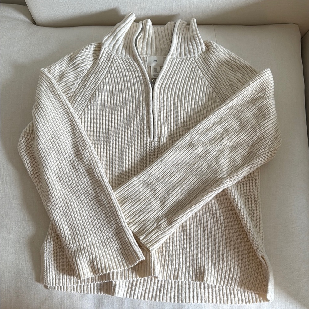 Cream Ribbed Quarter-Zip Sweater